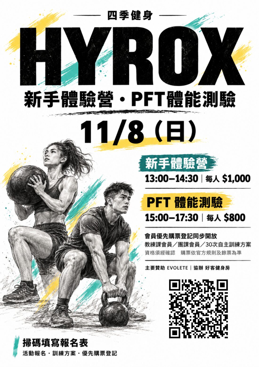 四季健身 HYROX 11/8（日）：新手體驗營 13:00–14:30 每人 $1,000；PFT 體能測驗 15:00–17:30 每人 $800。主要贊助 EVOLETE，協辦好客健身房。